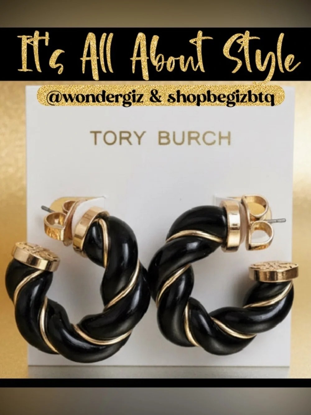 NWT Authentic Tory Burch Black and Gold Textured Rope Hoop Earrings
